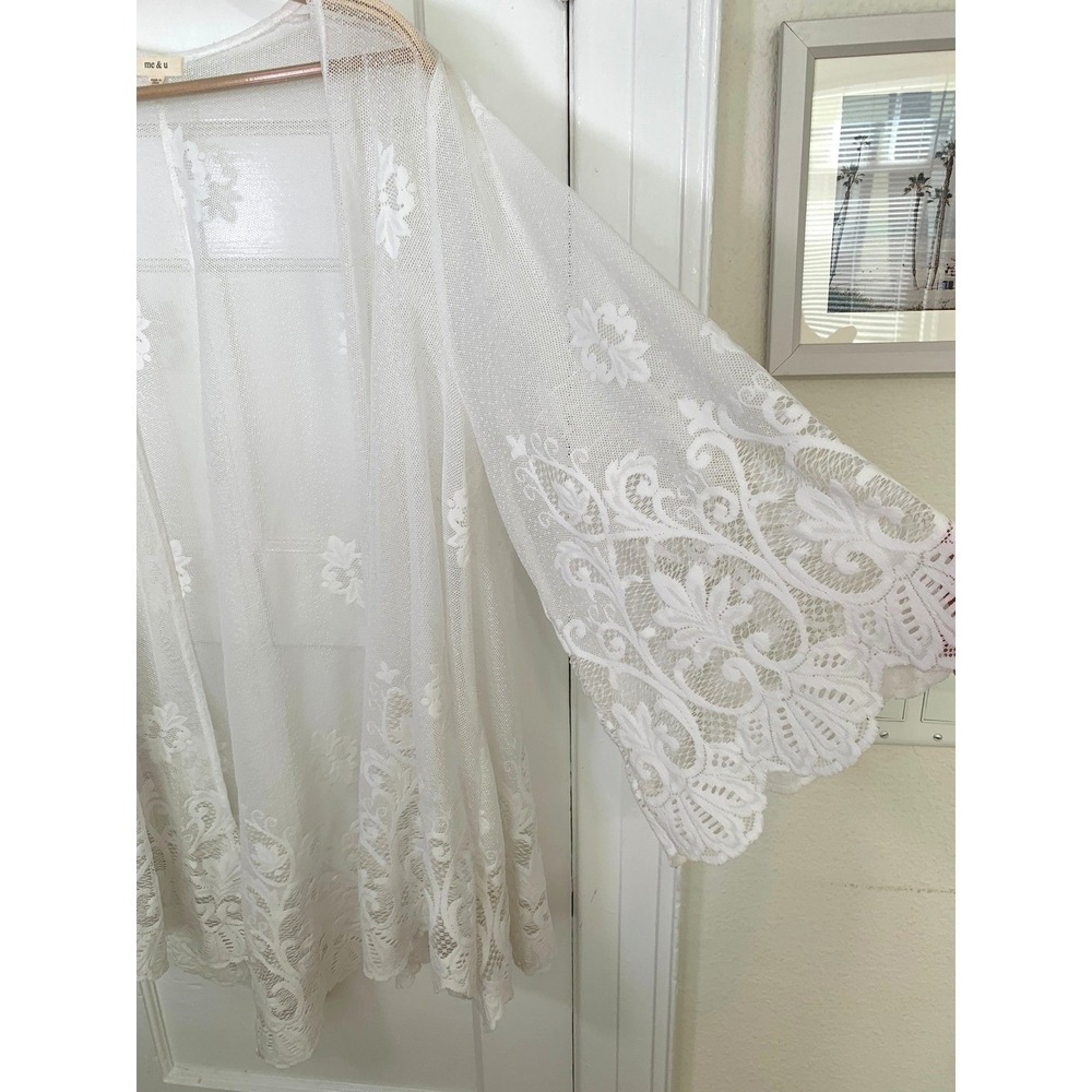 me and u Lace Mesh Embroidered Kimono Boho Open Front Duster Fairy Prairie / 2X - Picture 8 of 15